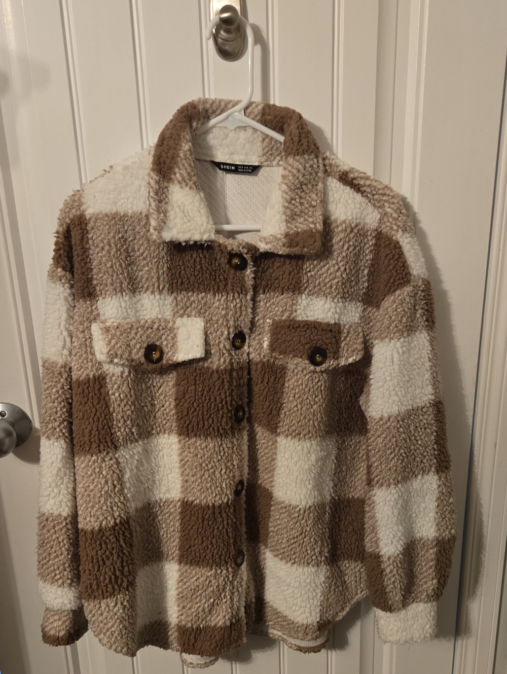 SHEIN Brown & Cream Checked Teddy Shacket